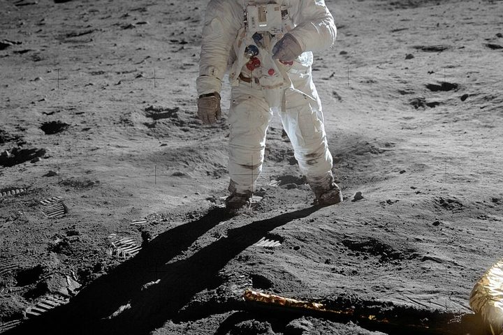 Buzz Aldrin standing on the lunar surface during Apollo 11